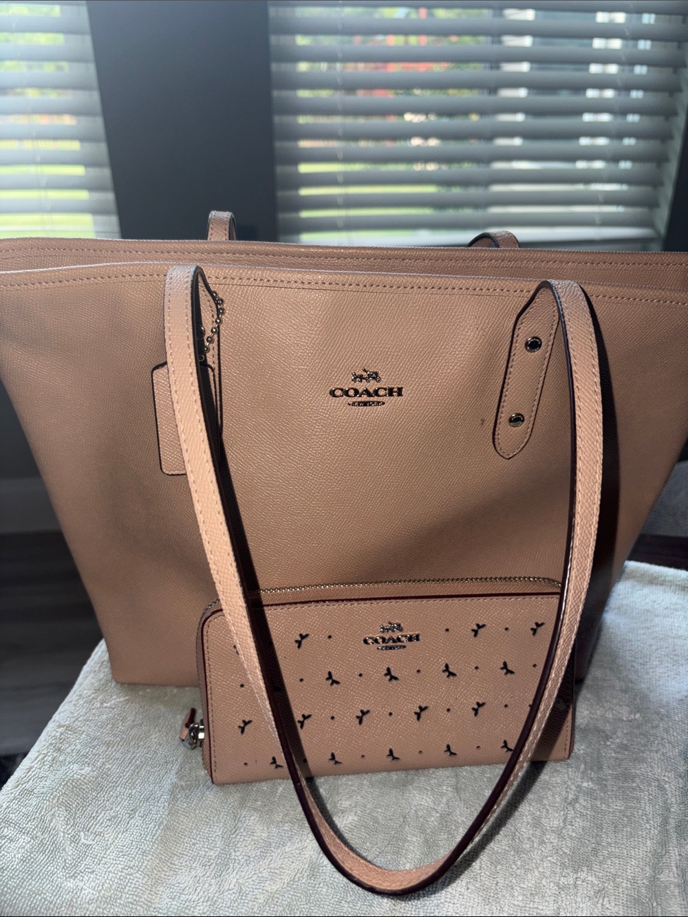COACH Blush/Tan Leather Tote with Matching Zip Pouch